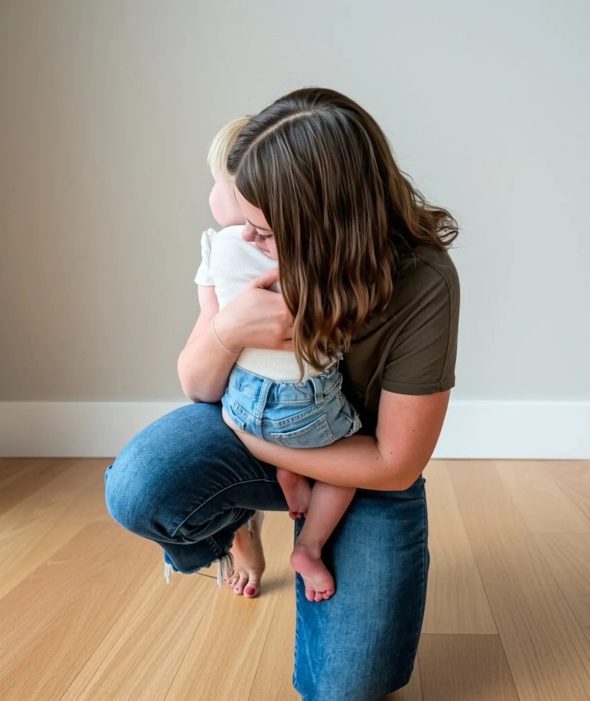 A parent kneeling to comfort their young child